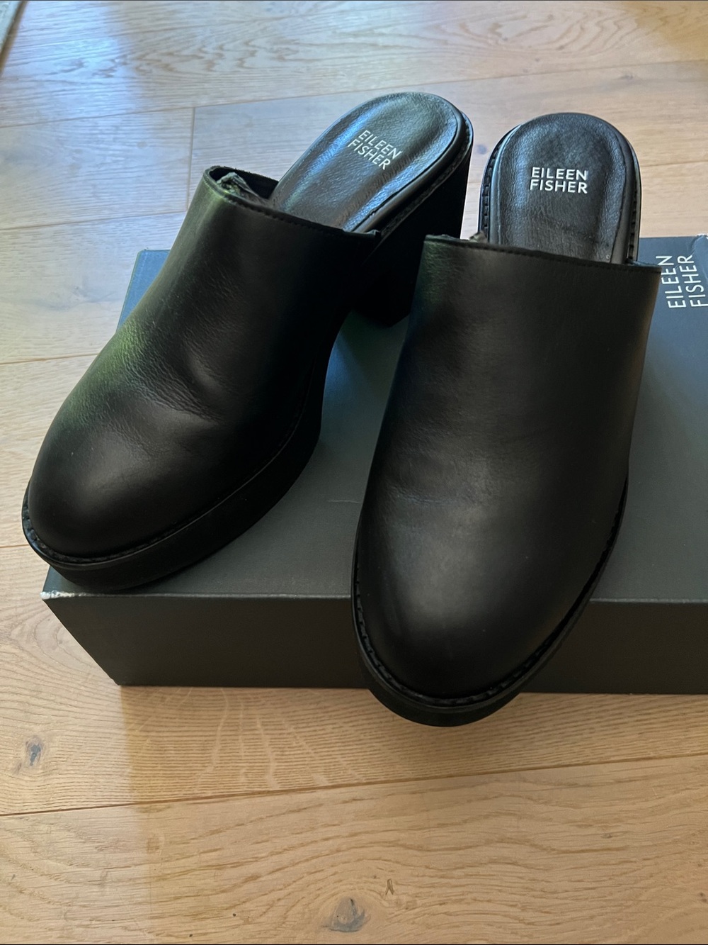 Eileen Fisher Black Leather Platform Slide Mules